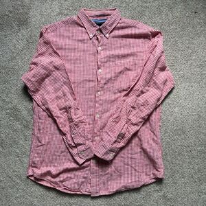 Banana Republic red check long sleeve button up shirt slim fit Linen Blend SZ. L